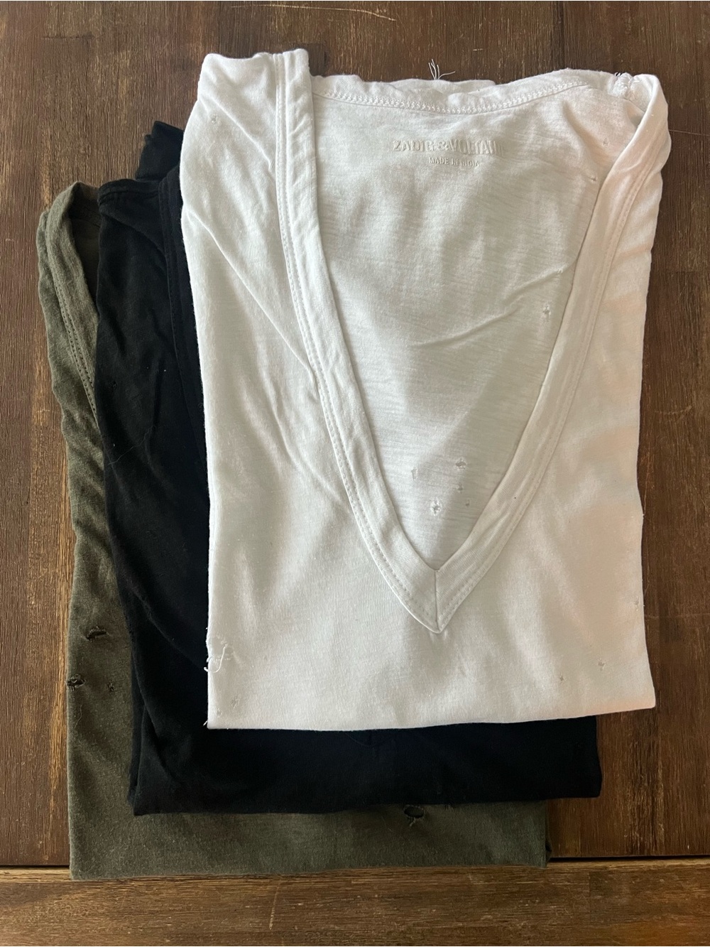 3 Zadig & Voltaire Olive Green and Black set of Distressed V-Neck Tees.